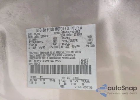 2000 Ford Ranger Xl/Xlt z USA, uszkodzony, nr VIN 1FTYR14V2YTA77905